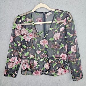 Asos Blouse Womens Size 6 Embroidered Mesh V-Neck Peplum Cottagecore Coquette